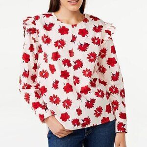 FREE ASSEMBLY Button Shoulder Blouse Long Sleeve Light Pink ? Red Floral Ruffle